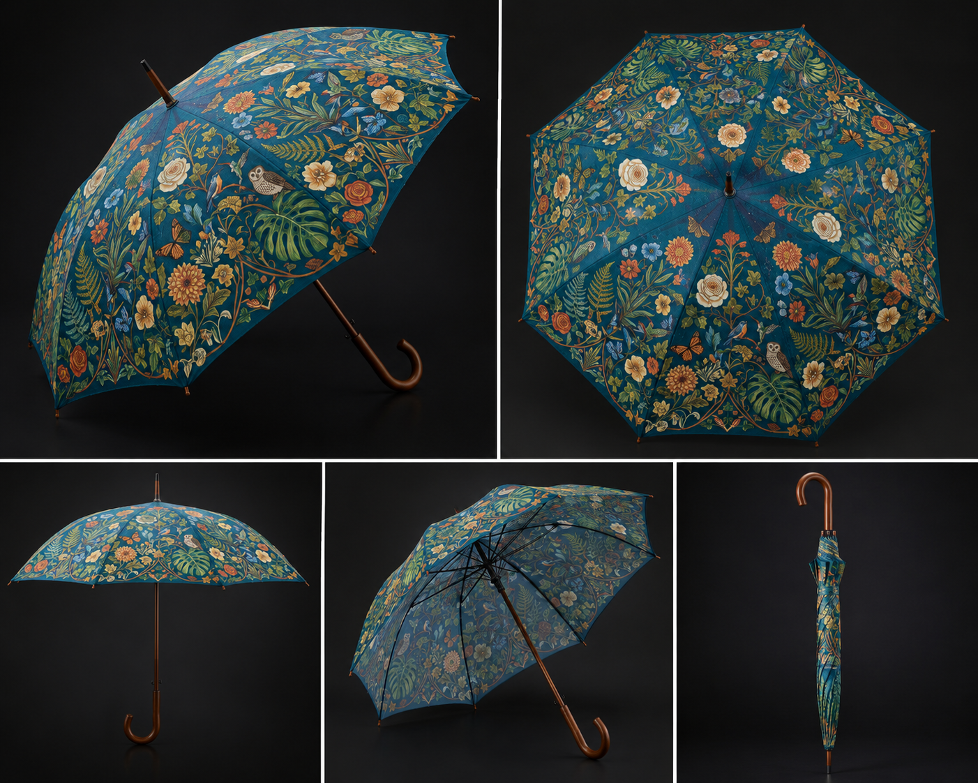 Enchanted Garden Umbrella | Teal Botanical Floral & Wildlife Art Design